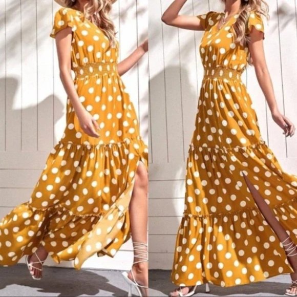 yellow polka dot print ruffle hem maxi dress - Picture 5 of 7